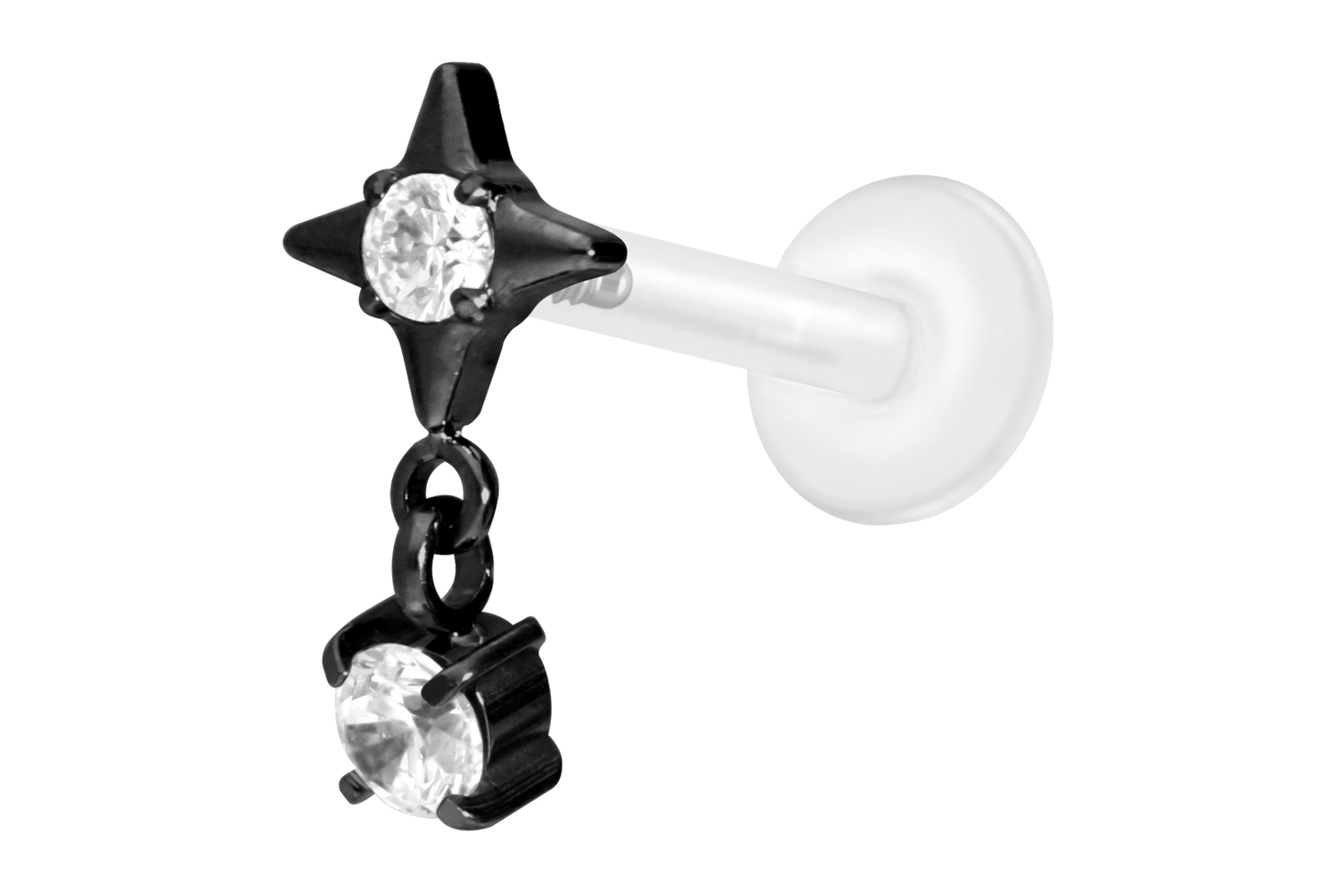 PTFE Labret Piercing mit Innengewinde + Titan-Aufsatz STERN + KRISTALL